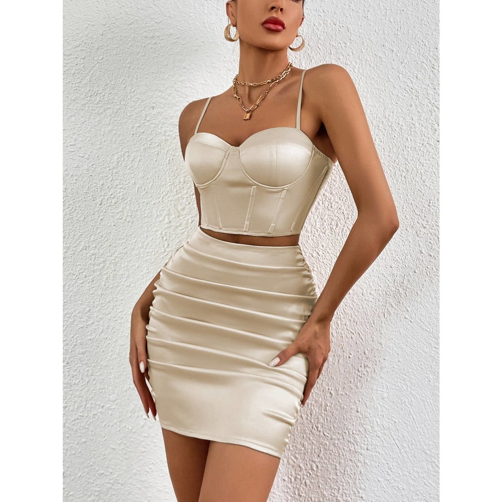 ❗️2 piece skirt set: Zipper Back bustier Cami Crop Top & Ruched mini Skirt black - Picture 7 of 8